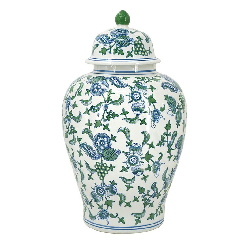 Ваза с крышкой и зелено-голубым цветочным узором на белом фоне Blue & White Ornament Белый Синий Ваза с крышкой и зелено-голубым цветочным узором на белом фоне Blue & White Ornament Белый Синий в Красноярске | Loft Concept