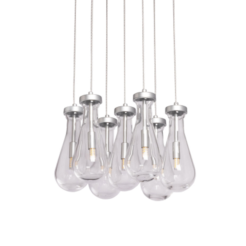Люстра с 7-ю прозрачными плафонами из стекла в форме капли на круглом потолочном основании цвета хром Lucid Rain  Серебряный Прозрачный в Красноярске | Loft Concept 