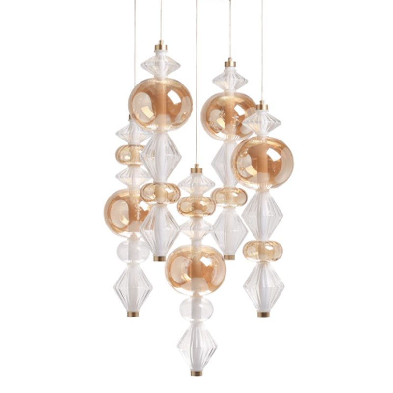 Люстра с плафонами из прозрачного и янтарного стекла в виде шаров и ромбов Gabriel Scott Luna Золотой Прозрачное Стекло Янтарный в Красноярске | Loft Concept 