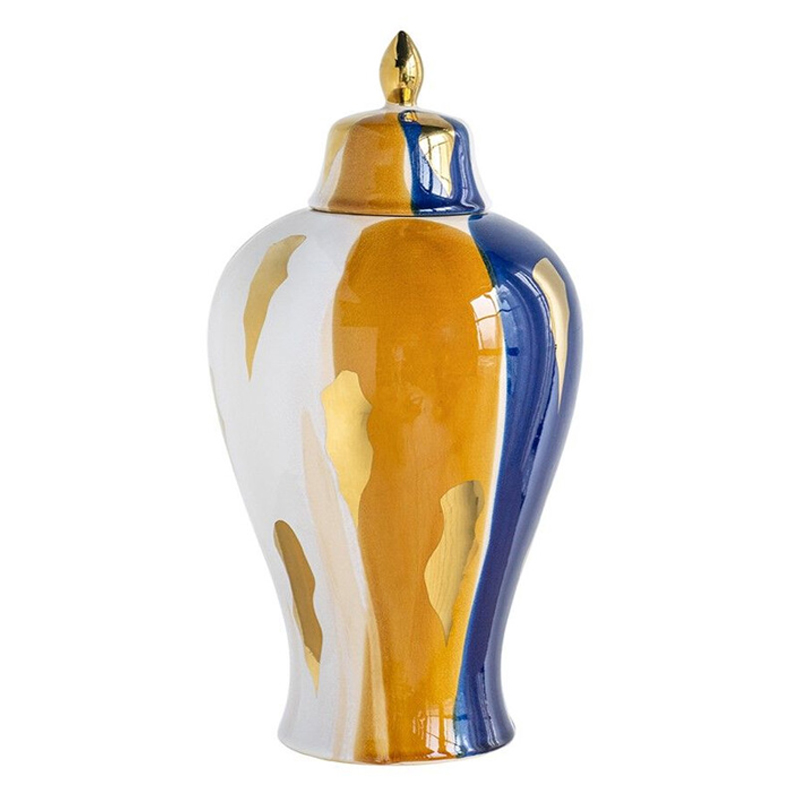 Ваза с крышкой и мазками синего и золого цвета на белом фоне Chinoiserie Ceramics Белый Оранжевый Золотой Синий Ваза с крышкой и мазками синего и золого цвета на белом фоне Chinoiserie Ceramics Белый Оранжевый Золотой Синий в Красноярске | Loft Concept