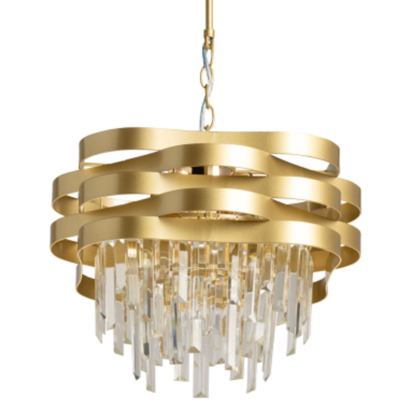 Люстра цвета матового золота с металлическими лентами и длинными прозрачными подвесками Gilded Waves Золотой Прозрачный в Красноярске | Loft Concept 
