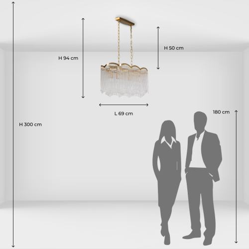 Люстра прямоугольная на цепях с прозрачными трубками и волнистым краем Nembus в Красноярске