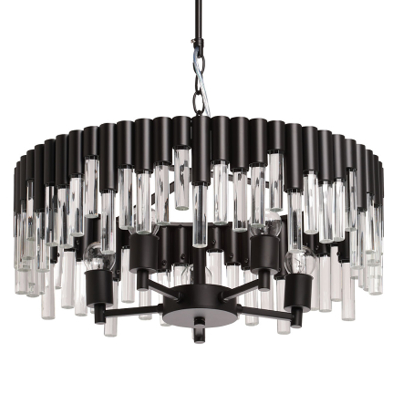 Люстра круглая из матового черного металла с подвесками из прозрачных стеклянных трубок Noir Tubes Черный Прозрачное Стекло в Красноярске | Loft Concept 