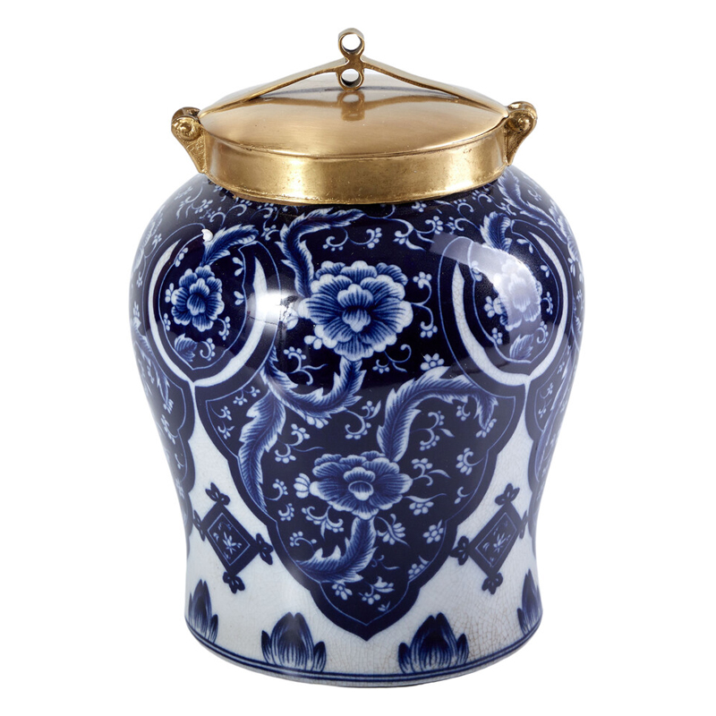 Ваза с насыщенным синим орнаментом и золотой крышкой Blue & White Ornament Белый Синий Золотой Ваза с насыщенным синим орнаментом и золотой крышкой Blue & White Ornament Белый Синий Золотой в Красноярске | Loft Concept