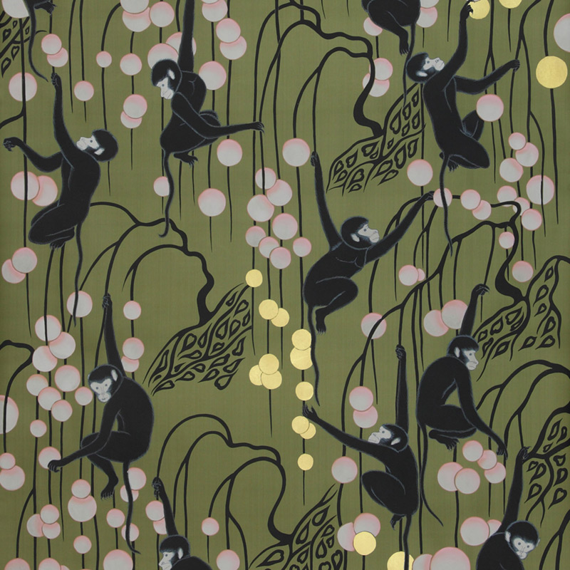 Обои ручная роспись Deco Monkeys Special Colourway on Olive dyed silk Обои ручная роспись Deco Monkeys Special Colourway on Olive dyed silk в Красноярске | Loft Concept