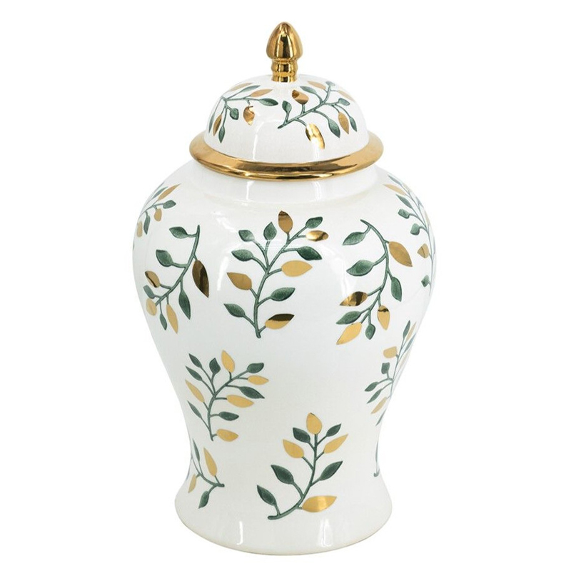 Ваза белая с крышкой с рисунком зеленых и золотых листьев 48 см Chinoiserie Ceramics Белый Зеленый Золотой Ваза белая с крышкой с рисунком зеленых и золотых листьев 48 см Chinoiserie Ceramics Белый Зеленый Золотой в Красноярске | Loft Concept