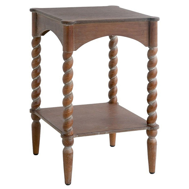 Приставной столик деревянный с резными ножками и нижней полкой Vintage Side Table Brown Wood Коричневый в Красноярске | Loft Concept 