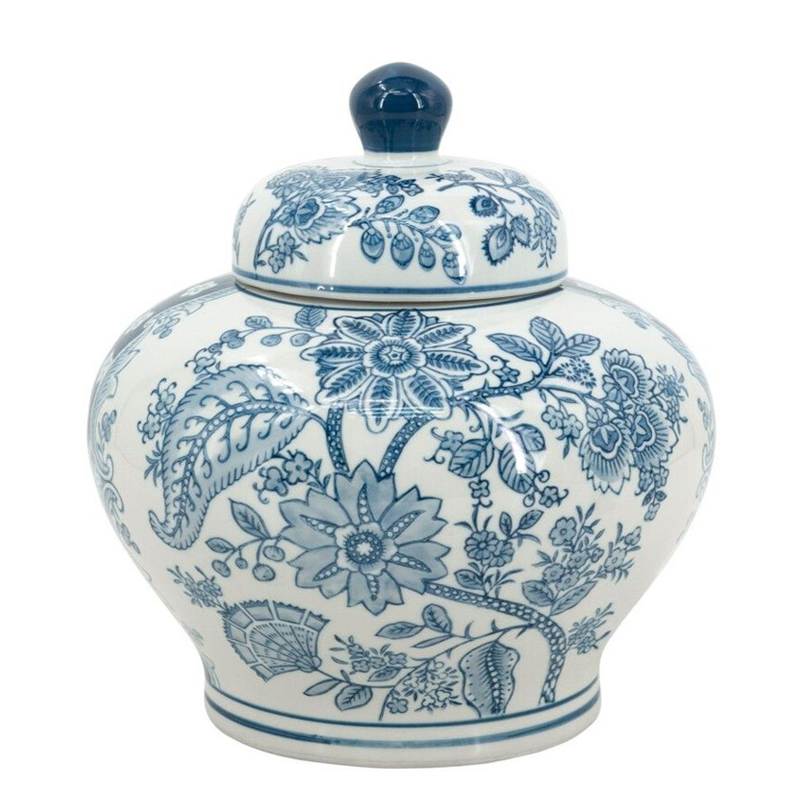 Ваза с крышкой и синим узором в виде цветов и листьев Blue & White Ornament Белый Синий Ваза с крышкой и синим узором в виде цветов и листьев Blue & White Ornament Белый Синий в Красноярске | Loft Concept