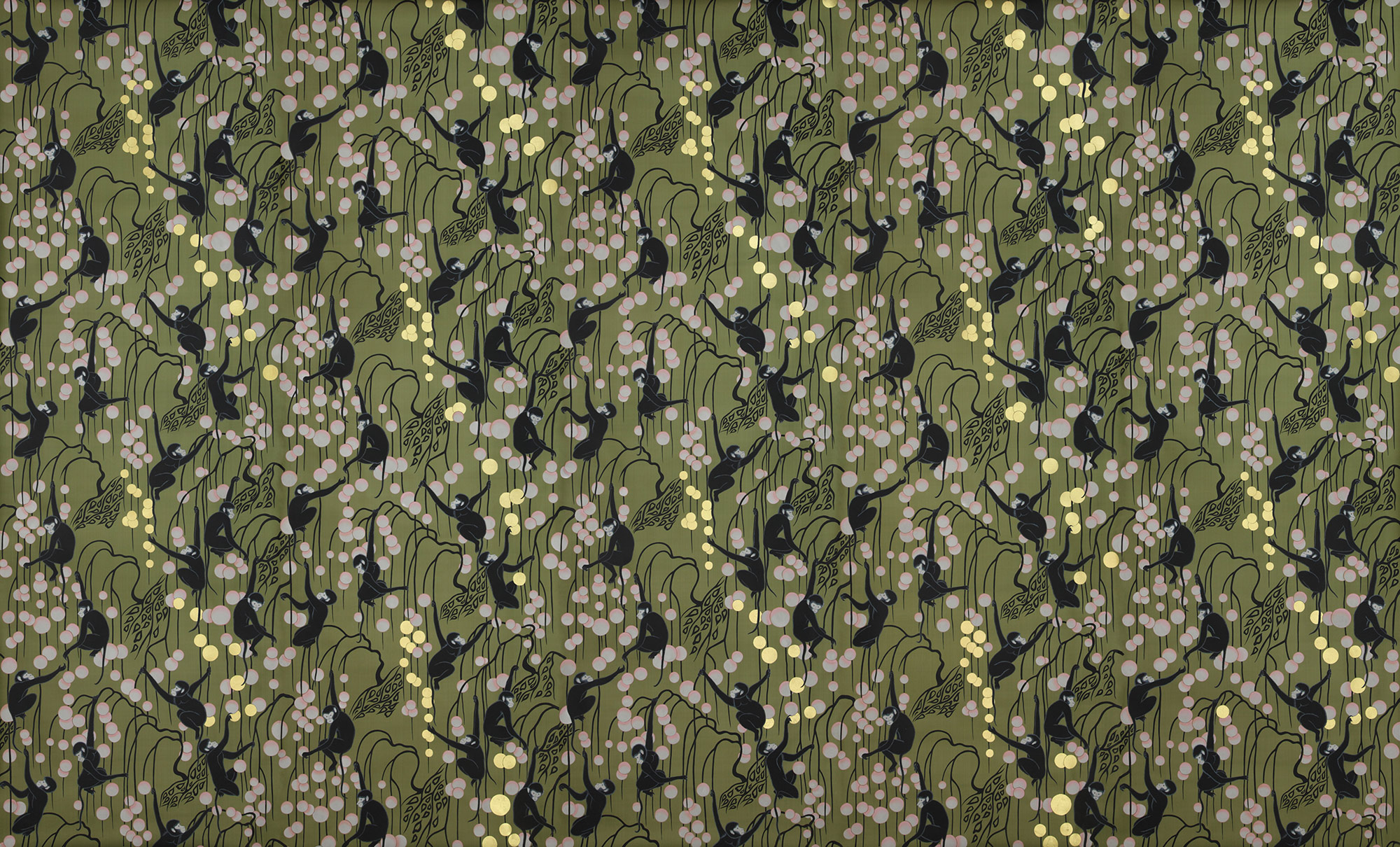 Обои ручная роспись Deco Monkeys Special Colourway on Olive dyed silk Обои ручная роспись Deco Monkeys Special Colourway on Olive dyed silk - постер Loft-Concept в Красноярске