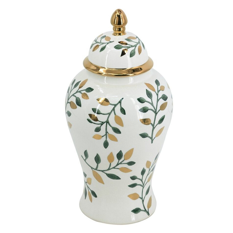 Ваза белая с крышкой с рисунком зеленых и золотых листьев 40 см Chinoiserie Ceramics Белый Зеленый Золотой Ваза белая с крышкой с рисунком зеленых и золотых листьев 40 см Chinoiserie Ceramics Белый Зеленый Золотой в Красноярске | Loft Concept