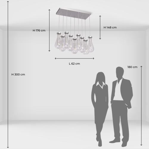 Люстра с 9-ю прозрачными плафонами из стекла в форме капли на прямоугольном потолочном основании цвета хром Lucid Rain  в Красноярске