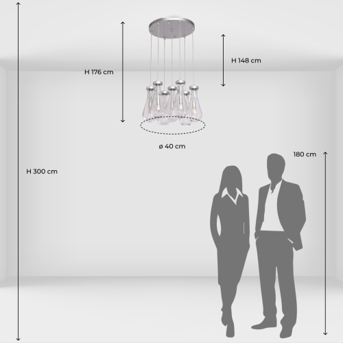 Люстра с 7-ю прозрачными плафонами из стекла в форме капли на круглом потолочном основании цвета хром Lucid Rain  в Красноярске