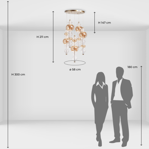 Люстра с плафонами из прозрачного и янтарного стекла в виде шаров и ромбов Gabriel Scott Luna в Красноярске