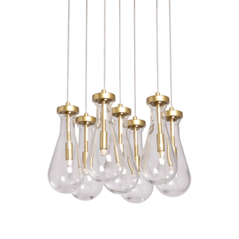 Люстра с 7-ю прозрачными плафонами из стекла в форме капли Lucid Rain  Золотой Прозрачный в Красноярске | Loft Concept 