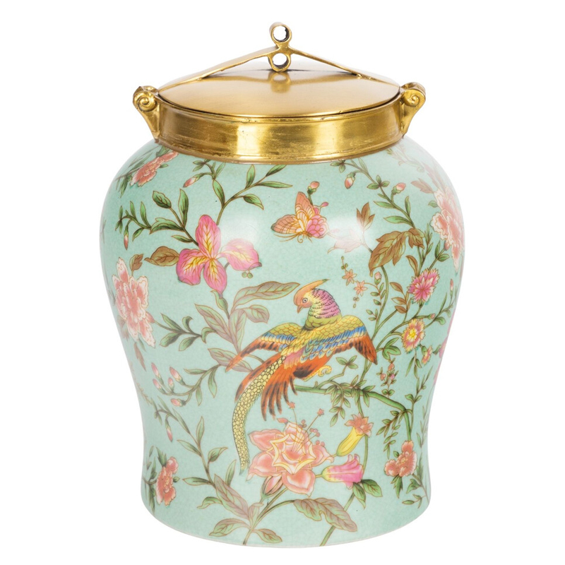 Ваза округлой формы из фарфора с рисунком и бронзовой крышкой Turquoise Blooming Garden Мульти Бронза Бирюзовый Ваза округлой формы из фарфора с рисунком и бронзовой крышкой Turquoise Blooming Garden Мульти Бронза Бирюзовый в Красноярске | Loft Concept