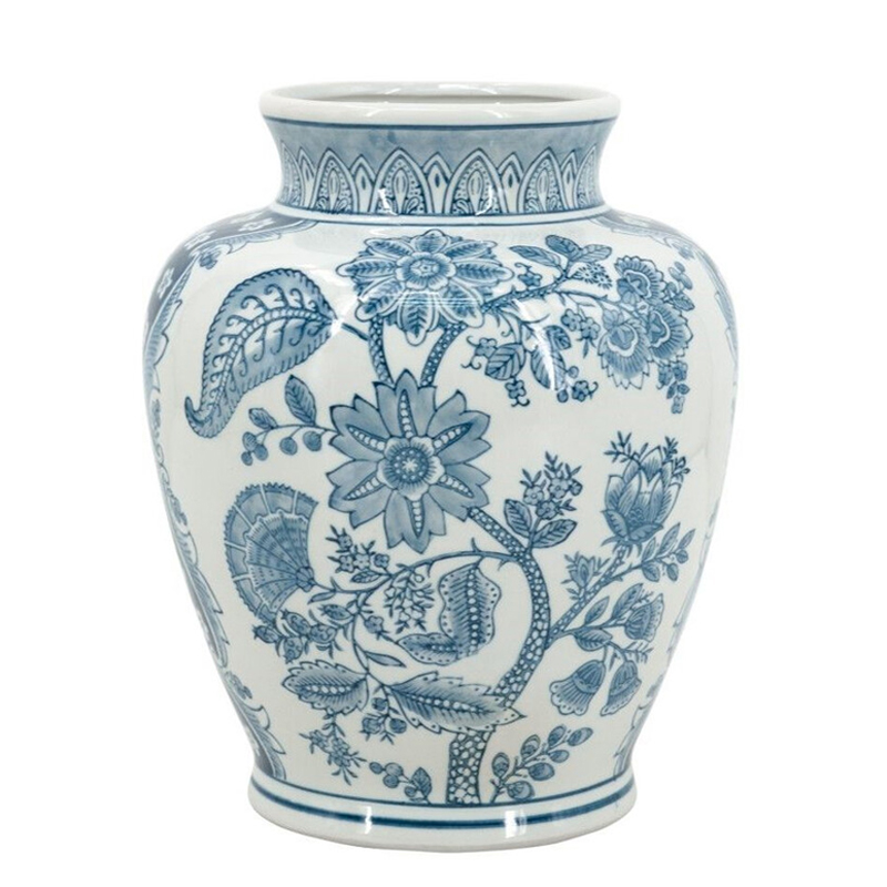 Ваза округлой формы белого цвета с синим растительным узором Blue & White Ornament Белый Синий Ваза округлой формы белого цвета с синим растительным узором Blue & White Ornament Белый Синий в Красноярске | Loft Concept