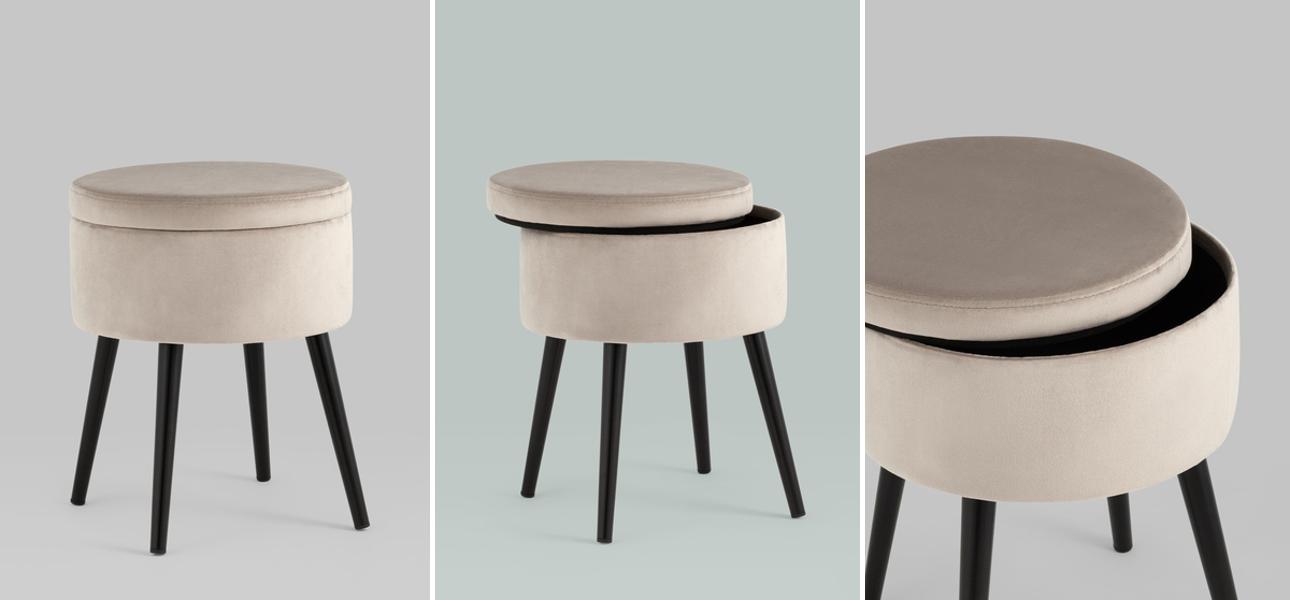 Пуф с ящиком Brianna серо-бежевый велюр  - фото