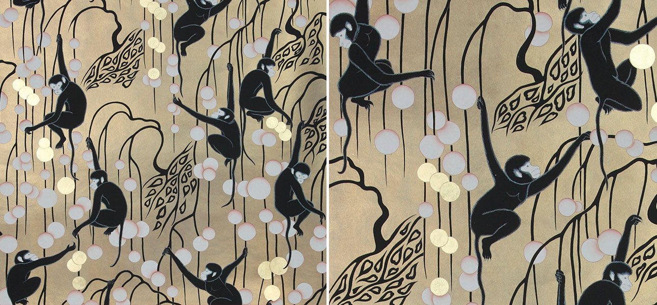 Обои ручная роспись Deco Monkeys Special Colourway on Brushed Gold gilded paper - фото