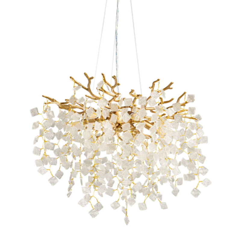 Люстра подвесная золотого цвета с декоративными ветвями и прозрачными рельефными подвесками FAIRYTREE Light Золотой Прозрачный в Красноярске | Loft Concept 