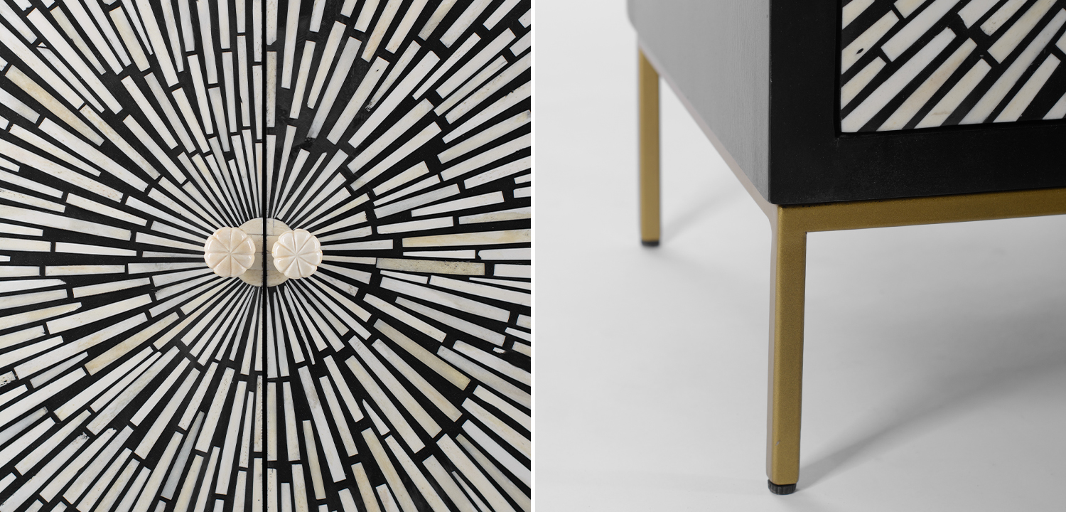 Комод с инкрустацией костью Bone Inlay White Rays black Черно-белый - фото