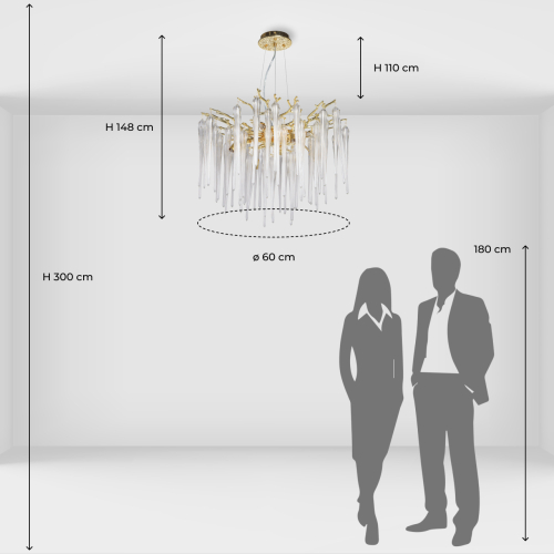 Люстра золотого цвета с декоративными ветками и длинными прозрачными стеклянными подвесами в форме сосулек Droplet Chandelier в Красноярске