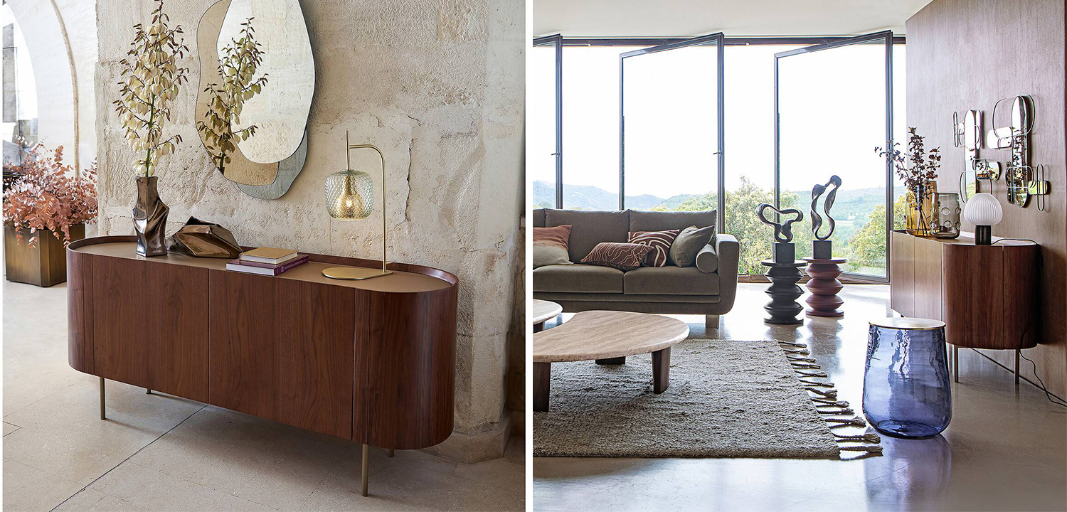 Комод округлой формы Walnut and Leather массив ореха и столешница из натуральной кожи - фото