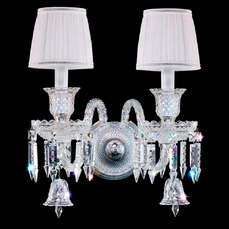 Бра с двумя белыми текстильными абажурами и хрустальными подвесками Lustre Reverie Хром Прозрачное Стекло Белый Бра с двумя белыми текстильными абажурами и хрустальными подвесками Lustre Reverie Хром Прозрачное Стекло Белый в Красноярске | Loft Concept