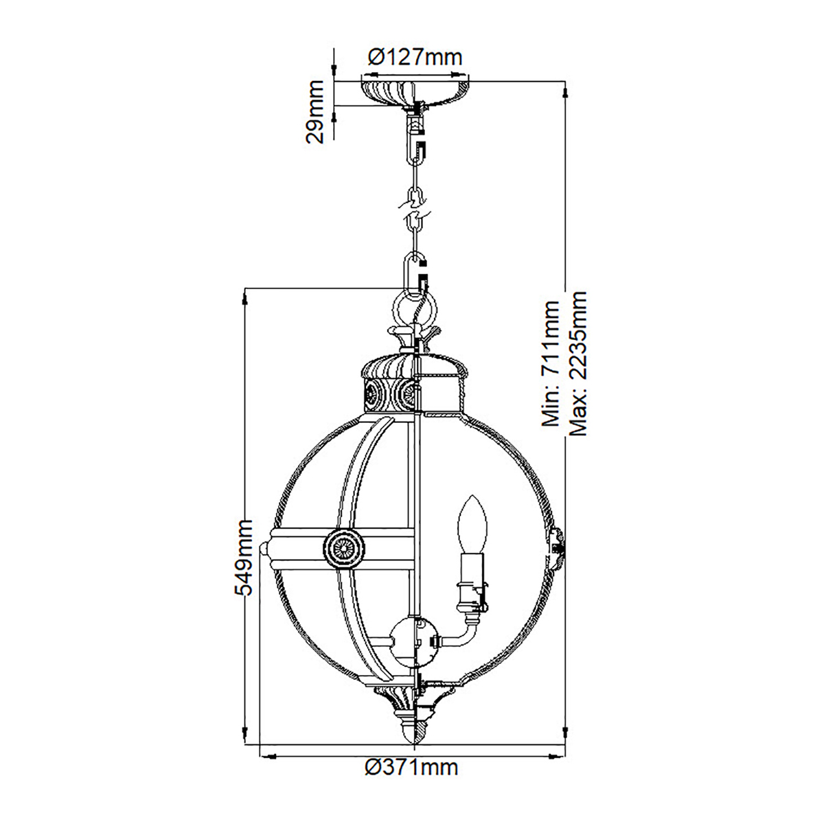 Подвесной светильник с прозрачным стеклянным плафоном в форме шара цвета никеля в индустриальном стиле на цепи 3 лампы Feiss в Красноярске