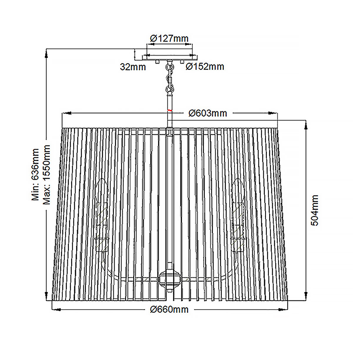 Люстра цвета латунь с 6-ю лампами свечами внутри цилиндрического абажура из черных металлических реек Kichler в Красноярске