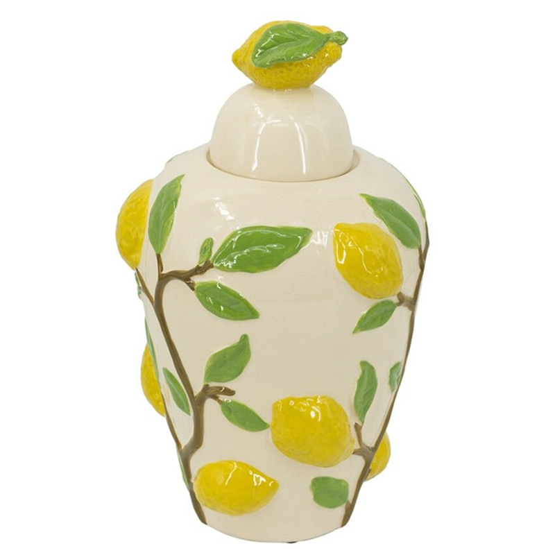 Ваза с крышкой кремового цвета и объемным рисунком лимонов и листьев Lemon Delight Кремовый Желтый Коричневый Зеленый Ваза с крышкой кремового цвета и объемным рисунком лимонов и листьев Lemon Delight Кремовый Желтый Коричневый Зеленый в Красноярске | Loft Concept