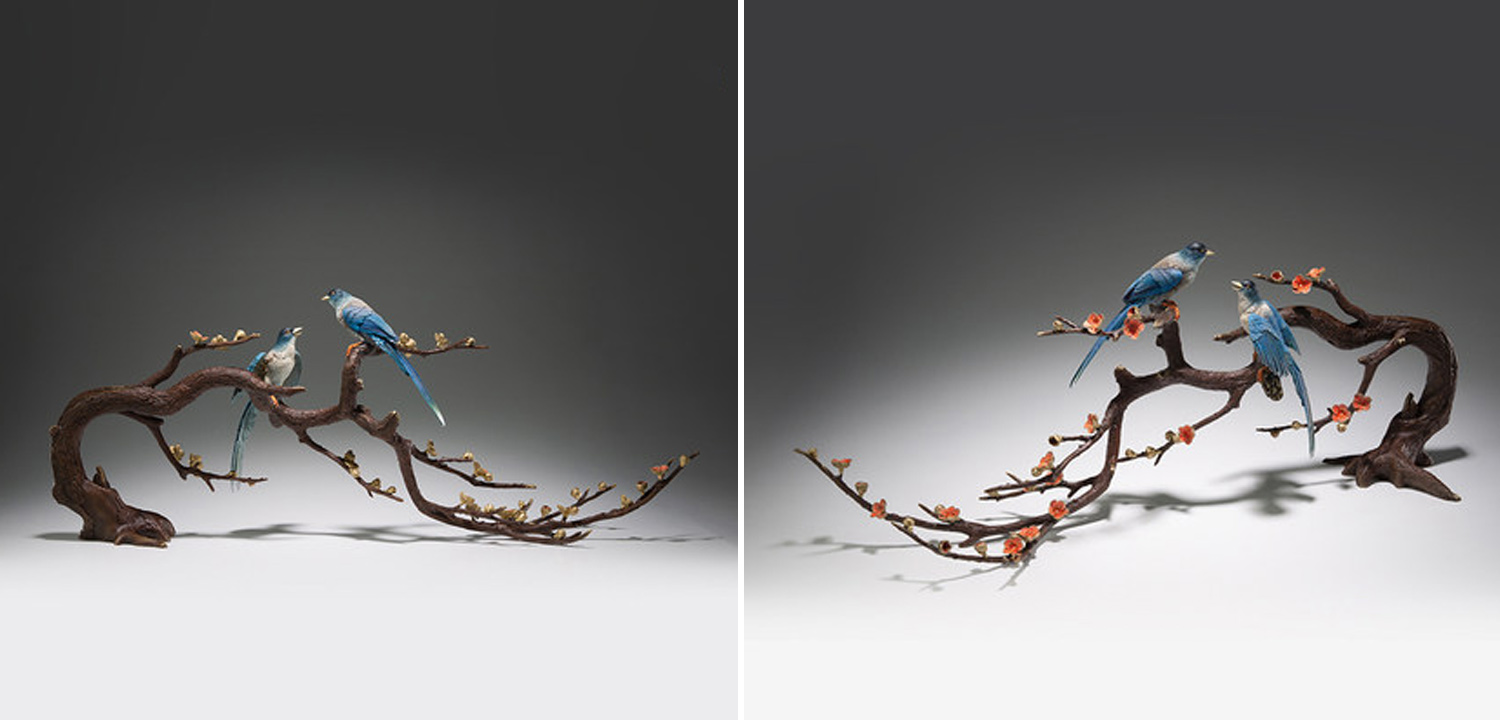 Статуэтка для интерьера Птички на ветке из меди - фото