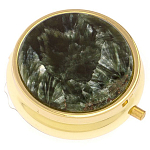 Таблетница карманная круглая с 3-мя отделениями и накладкой из натурального камня Серафинит Gold Stone Pillboxes варинант исполнения - 1 | Loft Concept в Красноярске