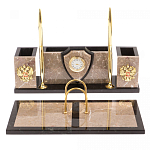 Настольный письменный набор из бежевого мрамора с часами и гербом Marble Accessory варинант исполнения - 1 | Loft Concept в Красноярске