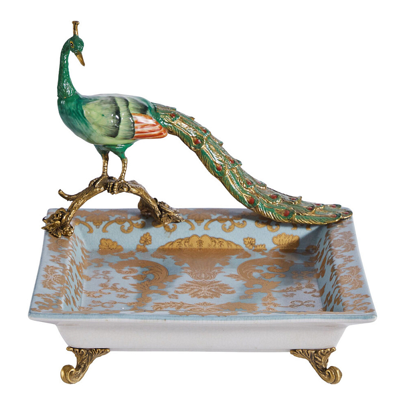 Блюдо квадратное с павлином на бронзовых ножках Eden Garden Голубой Бронза Мульти в Красноярске | Loft Concept 
