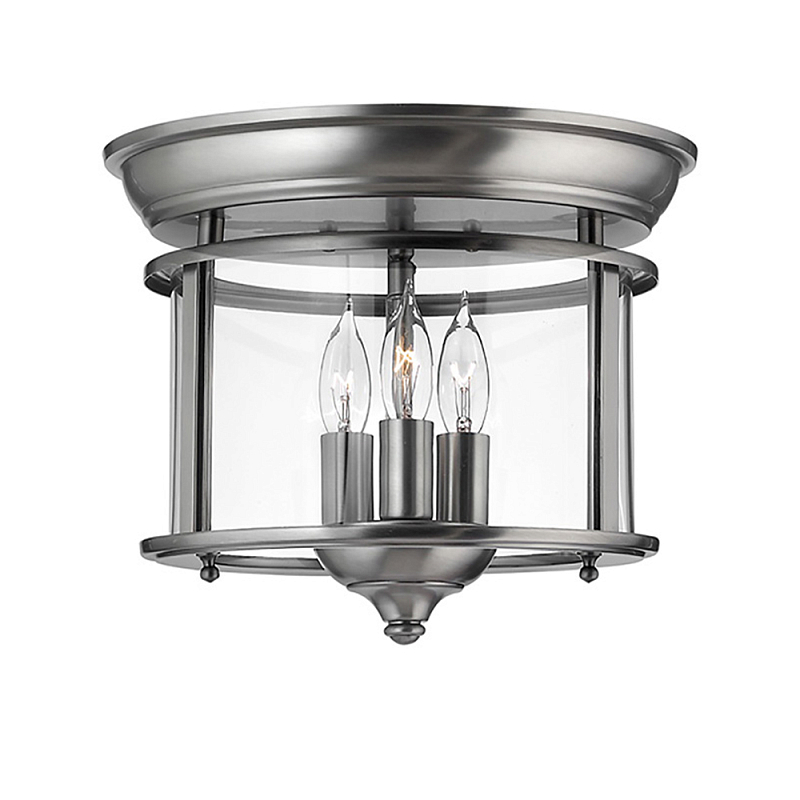 Потолочный светильник в форме фонаря с прозрачным цилиндрическим плафоном и тремя лампами в форме свечей Hinkley Латунь Прозрачное Стекло Олово в Красноярске | Loft Concept 