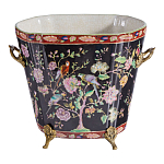 Кашпо из фарфора черная с цветочной росписью и бронзовой стрекозой Spring Garden варинант исполнения - 1 | Loft Concept в Красноярске