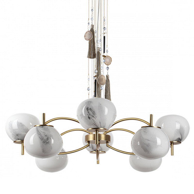 Люстра подвесная с 8-ю шарообразными плафонами из белого стекла с подвесками из камня и кисточками Agatelle Латунь Бежевый Серый Белый в Красноярске | Loft Concept 