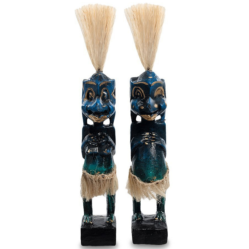 Комплект из 2-х деревянных статуэток Asmat Straw Headdress Statuettes Blue Синий Бирюзовый Бежевый Комплект из 2-х деревянных статуэток Asmat Straw Headdress Statuettes Blue Синий Бирюзовый Бежевый в Красноярске | Loft Concept