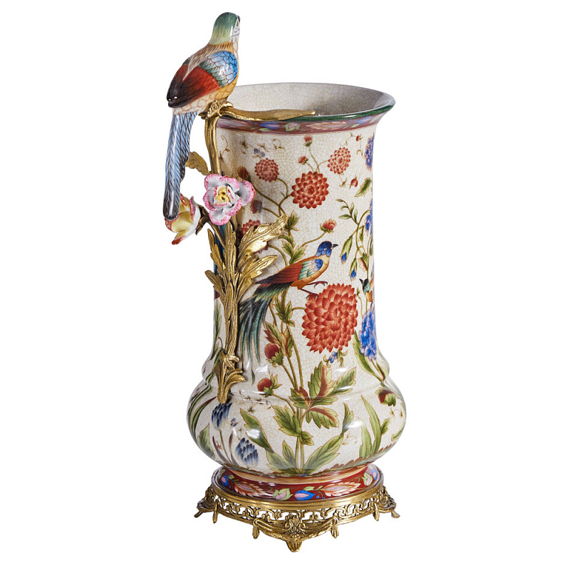 Ваза фарфоровая с птицей на бронзовой ветке и цветочной росписью Garden of Eden Бронза Мульти в Красноярске | Loft Concept 