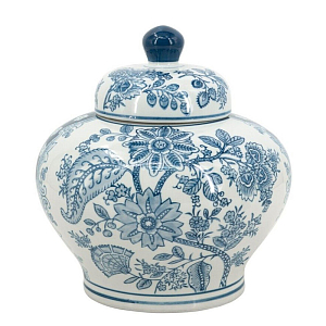 Ваза с крышкой и синим узором в виде цветов и листьев Blue & White Ornament