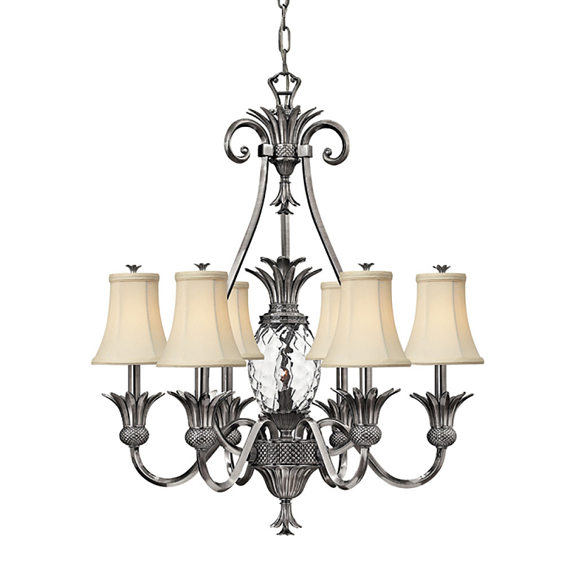 Люстра с 7-ю кремовыми текстильными абажурами Hinkley Никель Белый Бежевый Прозрачное Стекло Бронза в Красноярске | Loft Concept 