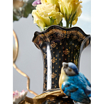 Ваза черная фарфоровая с  узором и бронзовым декором в виде веток с фарфоровой птичкой и цветами Eden Garden варинант исполнения - 4 | Loft Concept в Красноярске