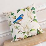 Декоративная подушка бежевая с изображением птица в саду Blooming Blue Birds варинант исполнения - 2 | Loft Concept в Красноярске
