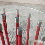 Дизайнерский журнальный стол с круглой прозрачной столешницей и основанием в виде красных металлических тросов Wires варинант исполнения - 5 | Loft Concept в Красноярске