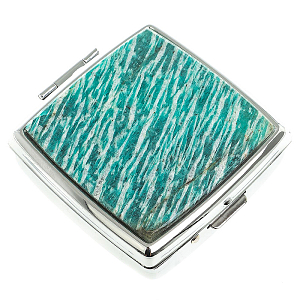 Таблетница карманная квадратная с 2-мя отделениями с зеркалом и накладкой из натурального камня Амазонит Silver Stone Pillboxes