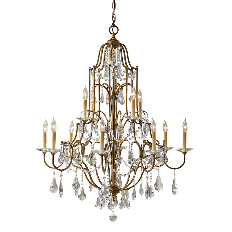 Люстра многоярусная с 12-ю лампами и стеклянными подвесками в классическом стиле Feiss Бронза Прозрачное Стекло в Красноярске | Loft Concept 