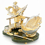 Икорница с ложкой с декором "Дед с осетром" с гравировкой на подставке из натурального камня Нефрит Decorative Cavair Dishes варинант исполнения - 1 | Loft Concept в Красноярске