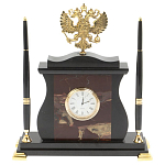 Часы настольные с Гербом России и 2-мя шариковыми ручками в комплекте Stone Clock варинант исполнения - 4 | Loft Concept в Красноярске