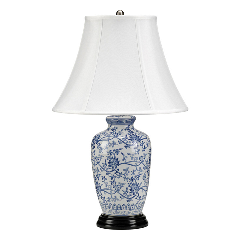 Настольная лампа с фарфоровым основанием с декоративным орнаментом и белым абажуром на темной круглой подставке Elstead Lighting Белый Синий Никель Черный Золотой Серебряный в Красноярске | Loft Concept 