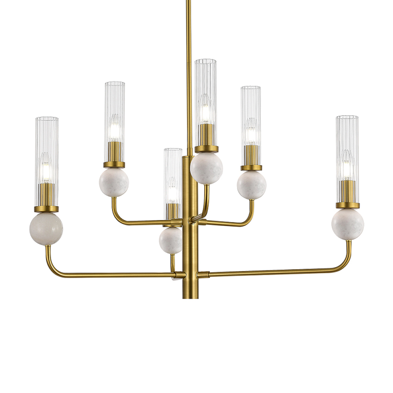 Люстра с 6-ю плафонами в форме стеклянных трубок и мраморных декоративных элементов Montreal Белый Латунь Прозрачный в Красноярске | Loft Concept 